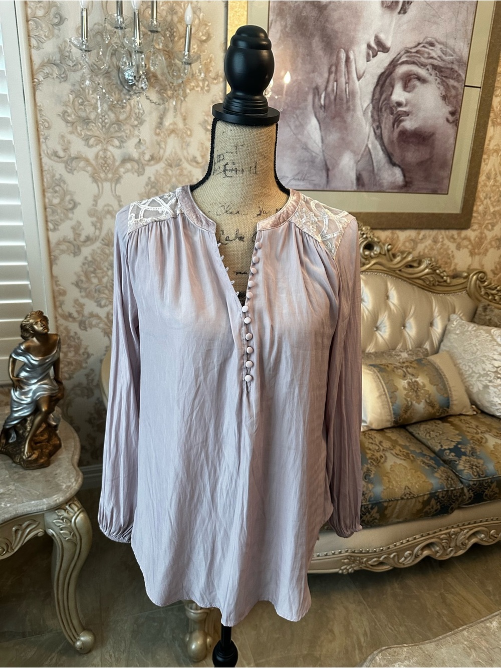 Democracy Blush Lace-Yoke Button-Front Blouse